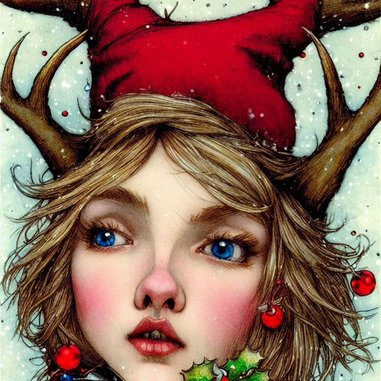 Young person with antlers in Santa hat surrounded by holly and snowflakes