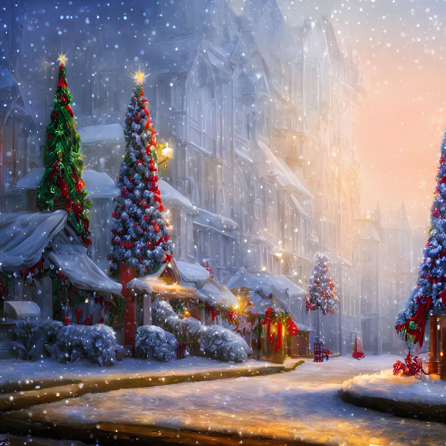 Snowy Winter Street with Christmas Decorations and Lights