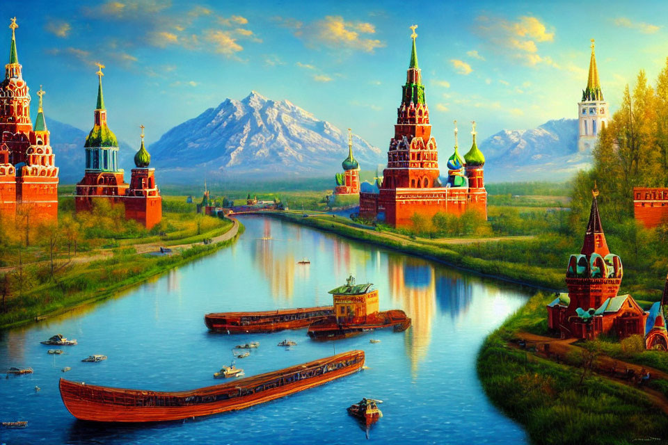 Russian Riverscape Painting with Traditional Architecture and Snow-Capped Mountains