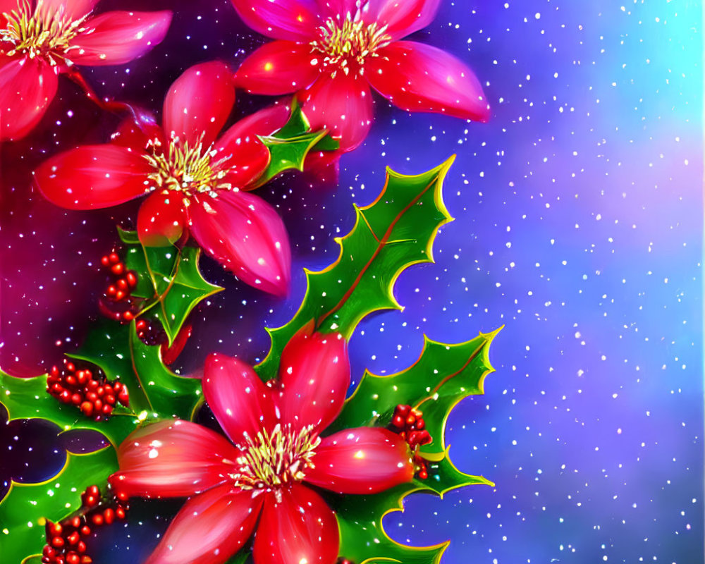 Colorful digital artwork featuring red poinsettias, green holly leaves, and red berries on