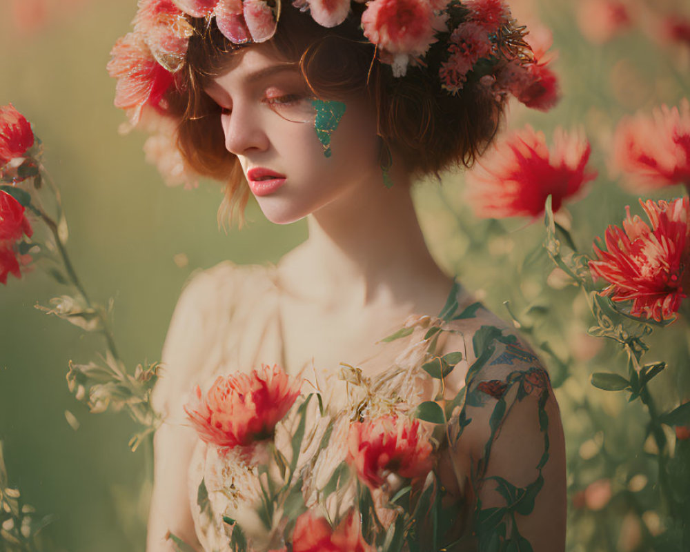 Woman in Floral Crown Surrounded by Blooming Flowers