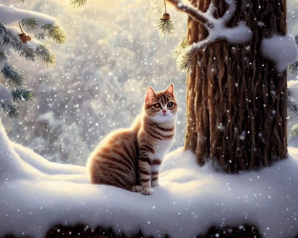 Orange and White Cat Sitting in Snowy Landscape with Trees