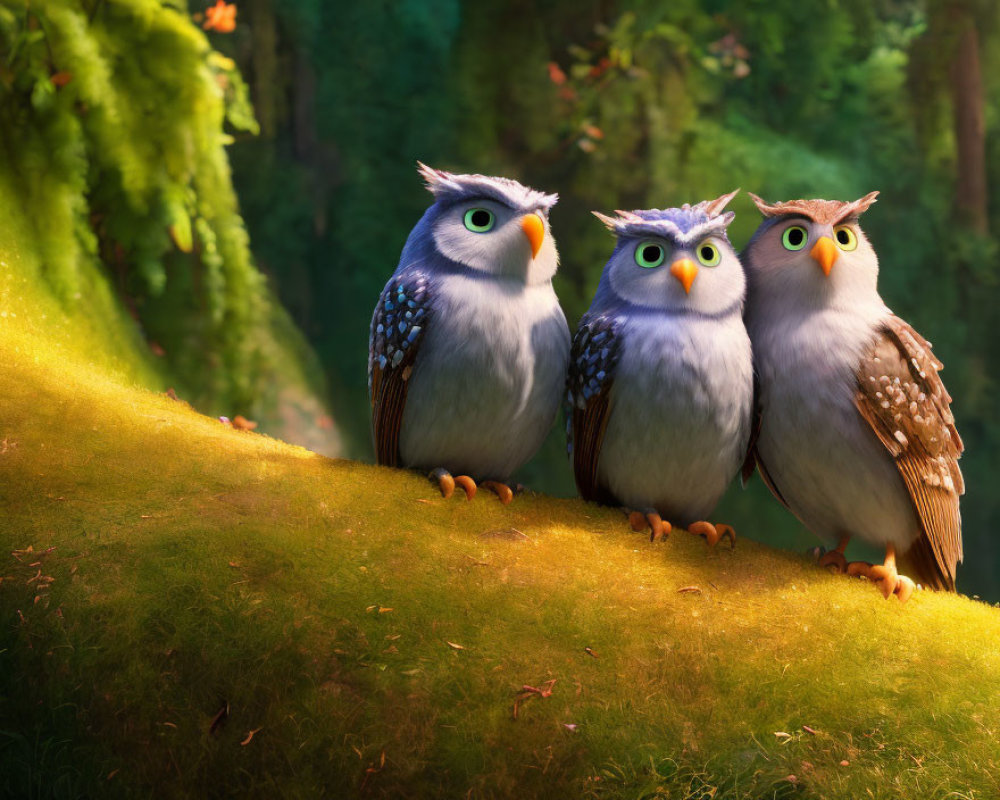 Three animated owls on mossy hillside in sunlit forest