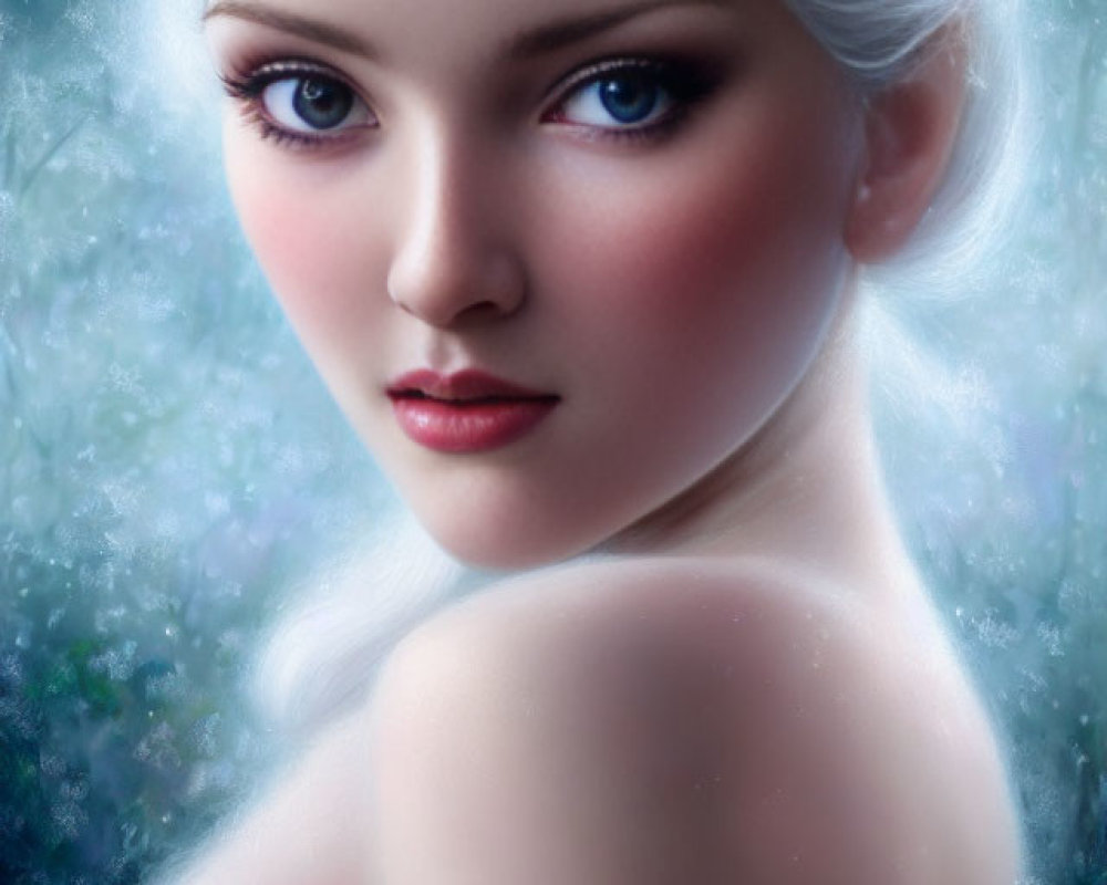 Pale-skinned woman with blue eyes and white hair in digital art against frosty blue background.