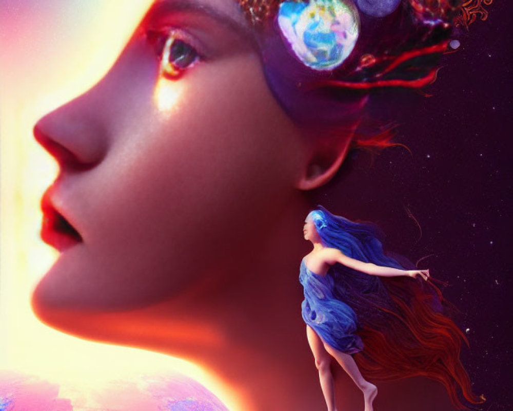 Artistic depiction of woman's profile merging with cosmic elements and fairy figure among vibrant celestial bodies