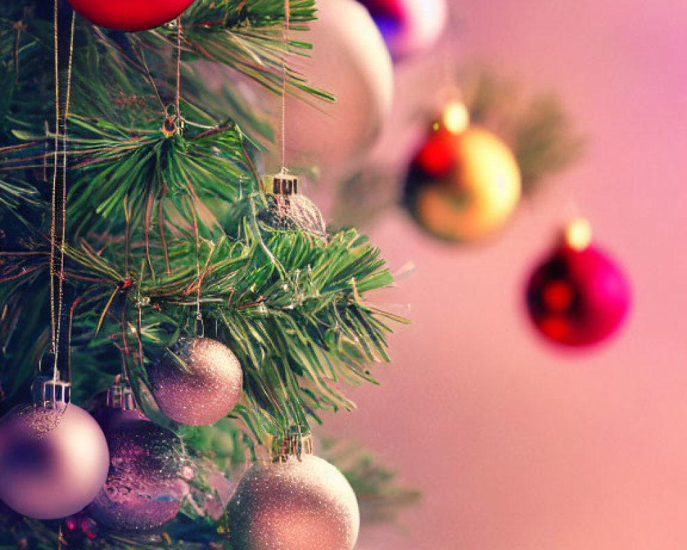 Colorful Christmas tree branch with pink, purple, and silver ornaments