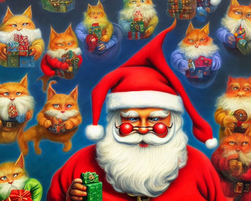 Santa Claus with orange cats dressed as elves and gifts.