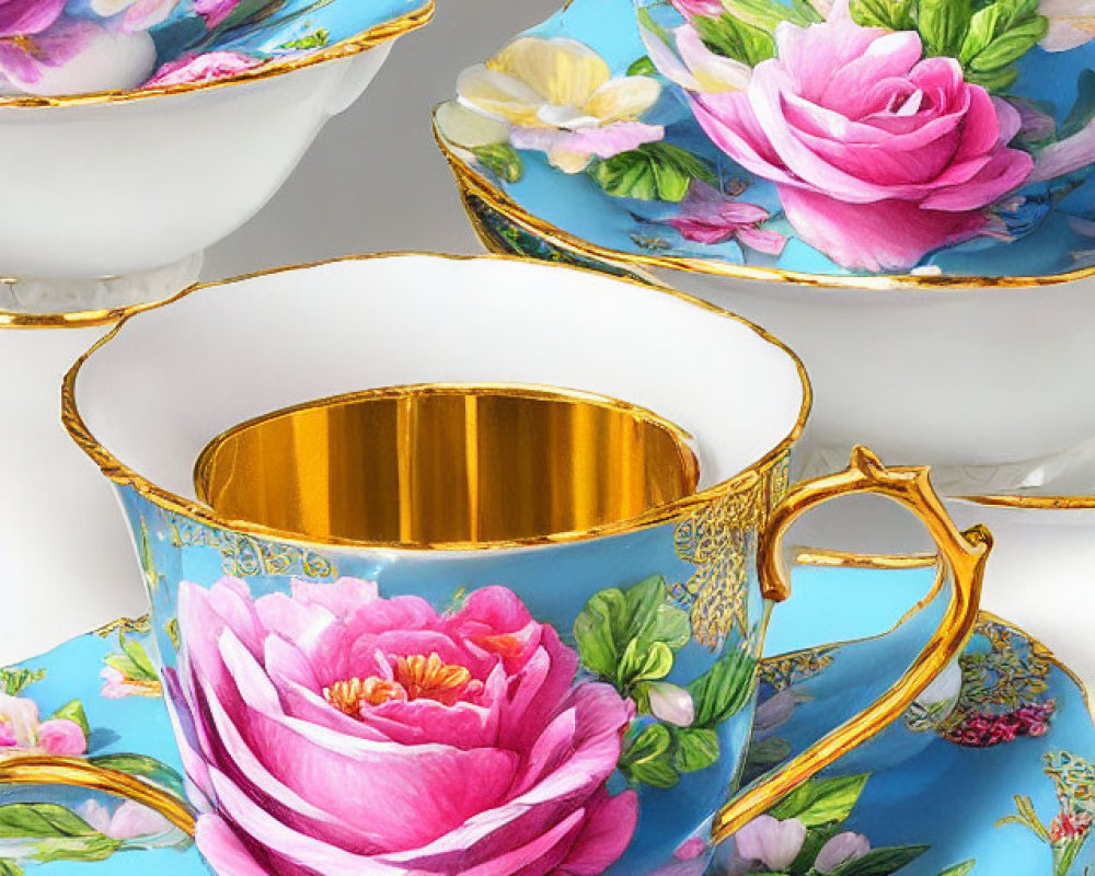 Porcelain Teacups with Gold Handles and Floral Patterns on Blue Background