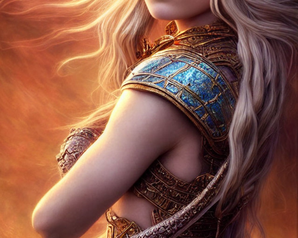 Fantasy female warrior digital art with blonde hair and golden armor