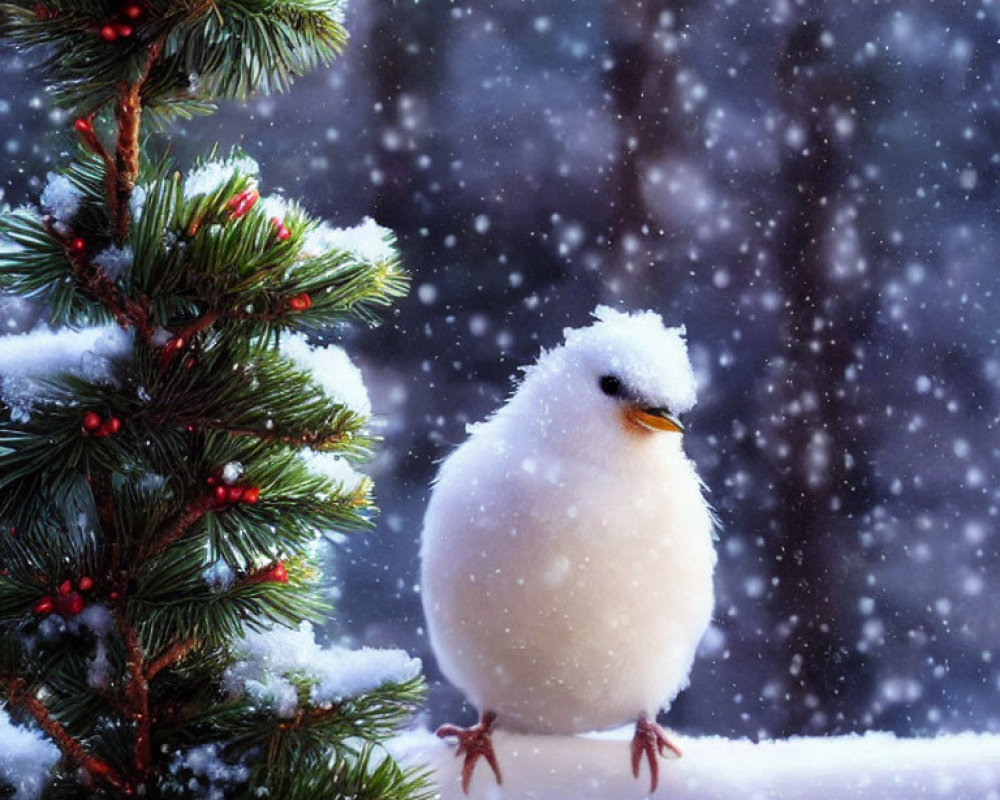 White bird covered in snow near pine branch with red berries in snowy setting