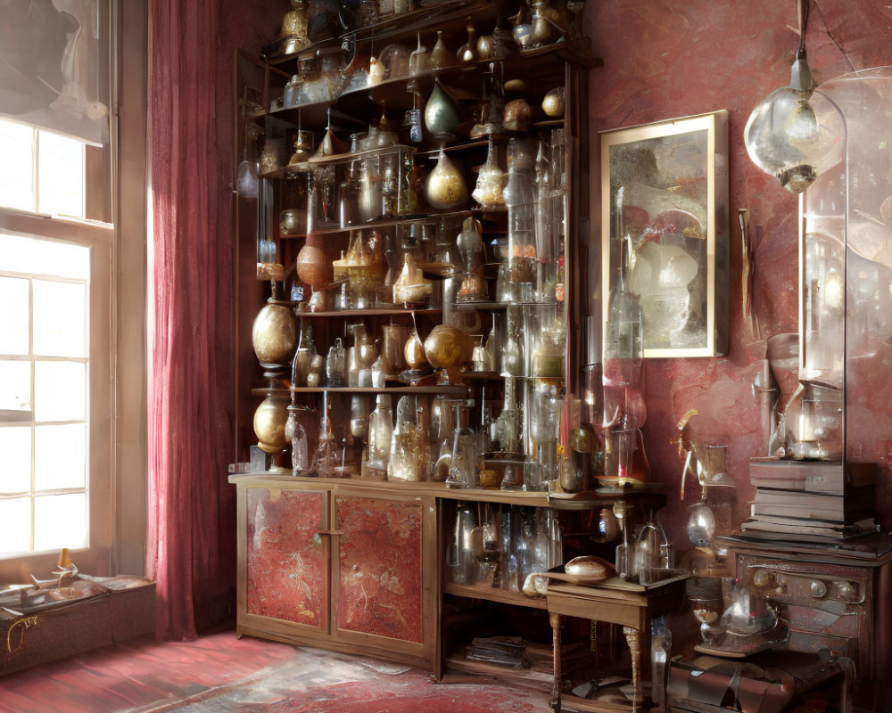 Vintage Glass Vessels Displayed on Large Wooden Shelf in Antique-Filled Room