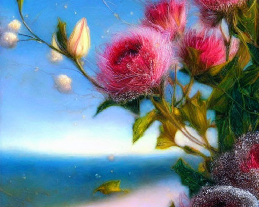 Pink flowers painting with dreamlike sky evokes serene atmosphere