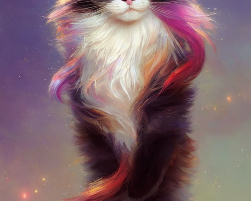 Long-Haired Cat with Black, White, Pink Fur, and Green Eyes on Starry Background