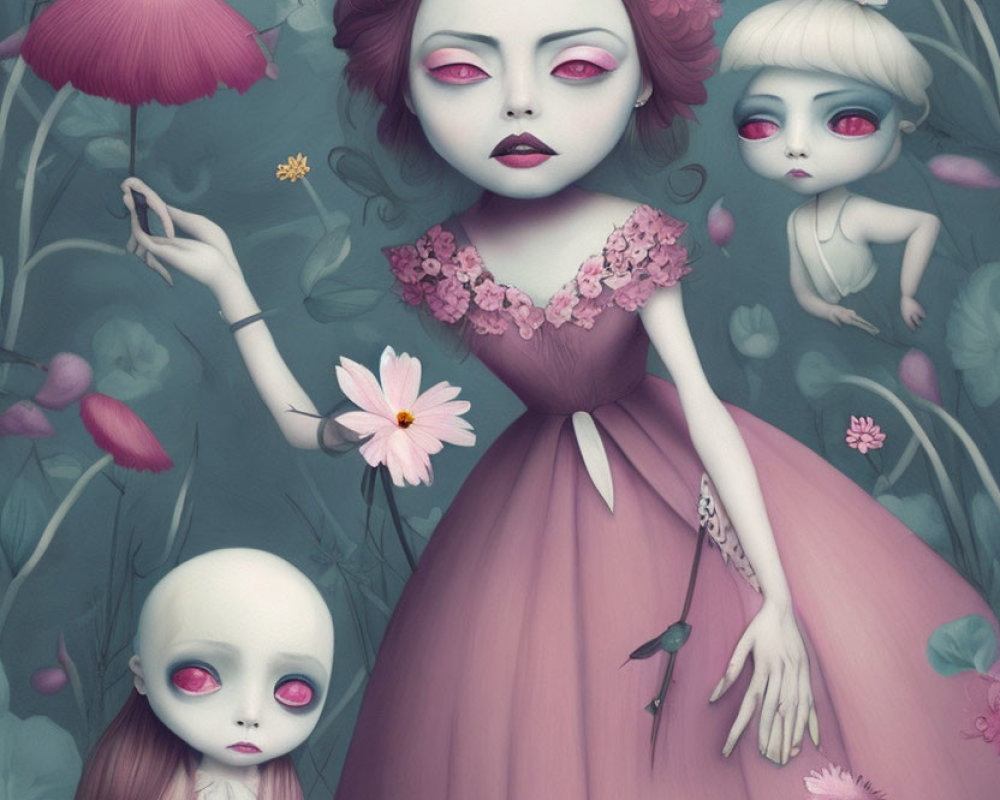 Three pale, doll-like figures in pink flower and mushroom scene