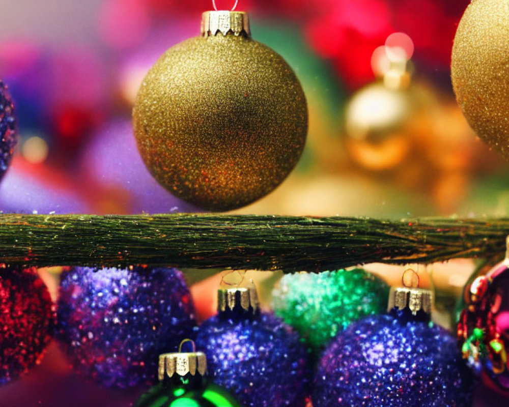 Vibrant Christmas ornaments on green branch with colorful bokeh.