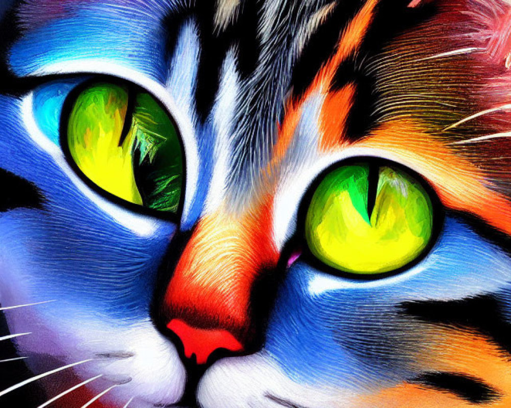 Colorful Stylized Cat with Green Eyes in Cosmic Space Theme