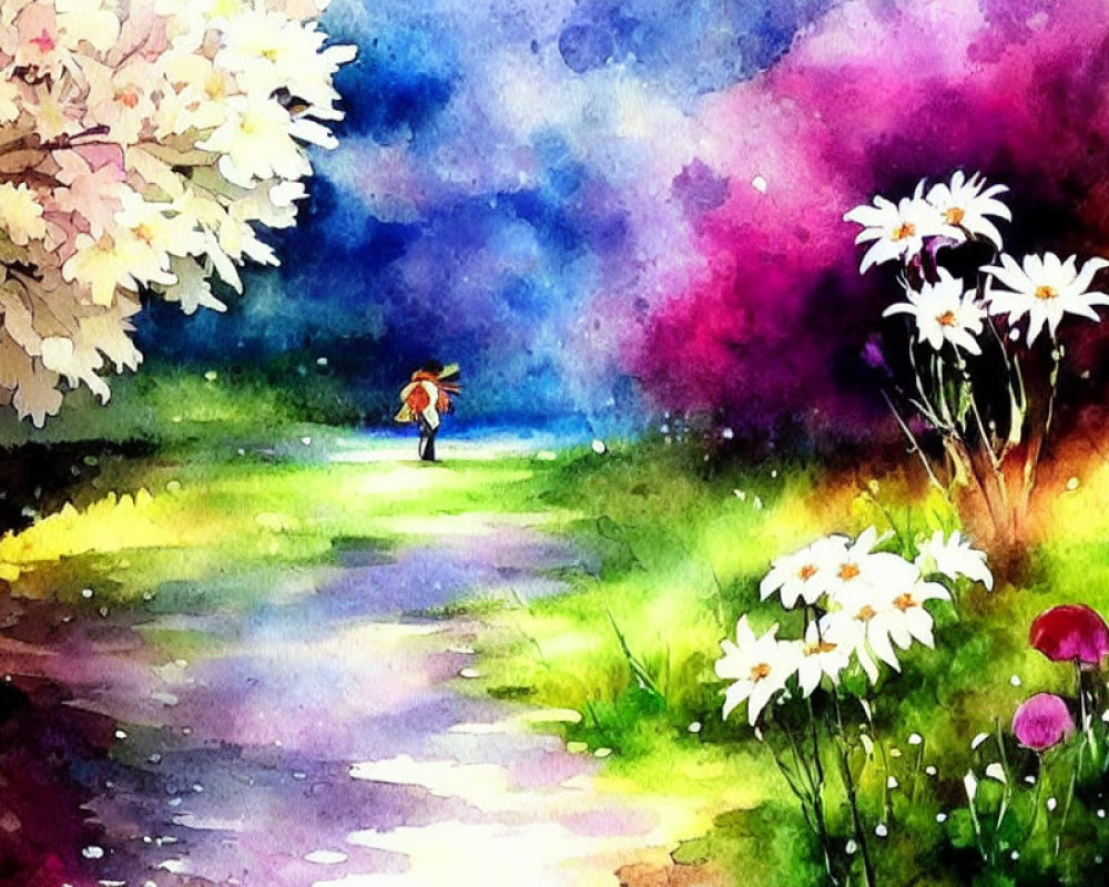 Colorful Watercolor Painting of Person Walking Down Flower-Lined Path