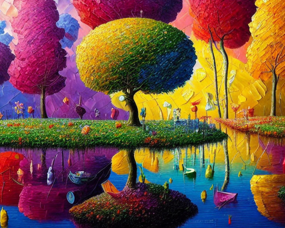 Colorful Whimsical Landscape with Trees, River, Boats, and Flowers