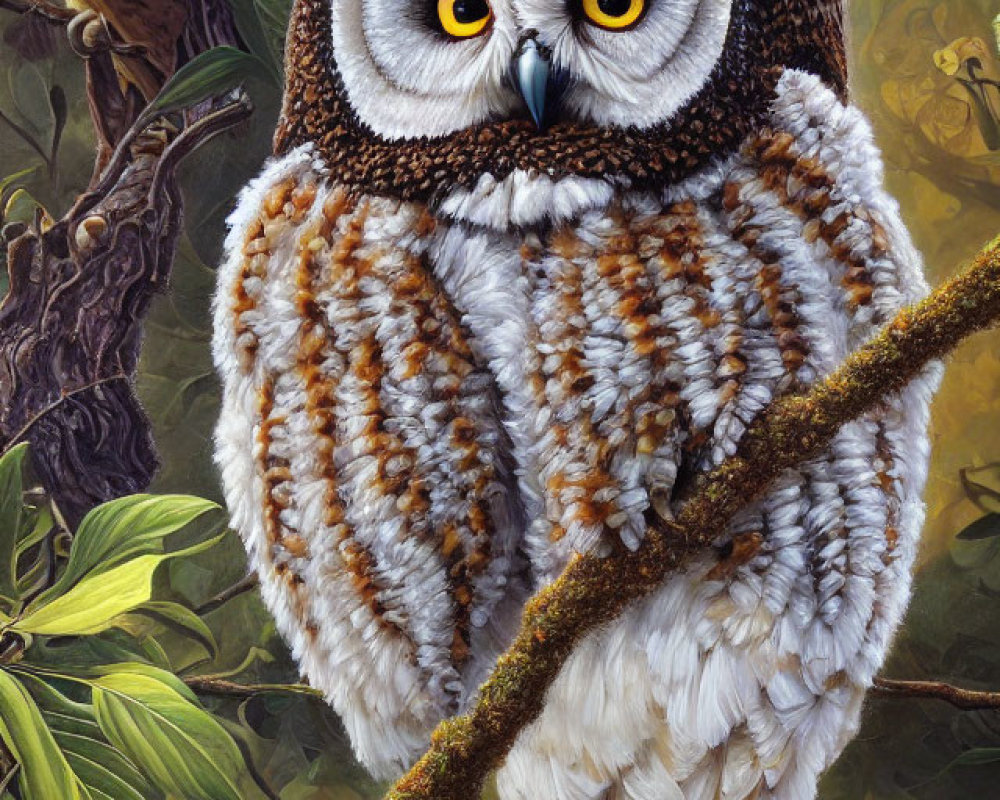 Detailed painting: Brown and white owl on branch with lush green foliage and second bird.