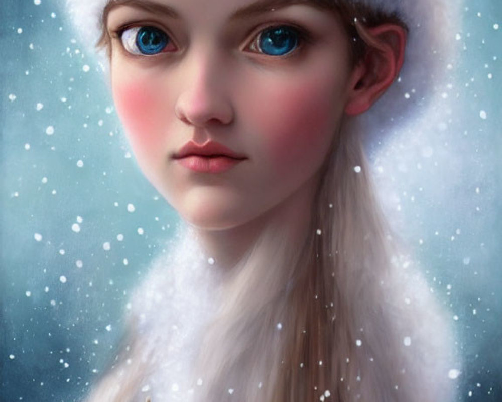 Young girl with blue eyes in white furry hat, snowy background