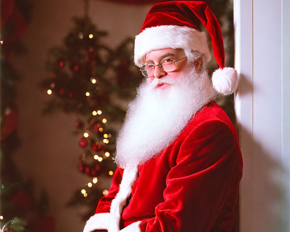 Santa Claus Sitting by Christmas Tree in Thoughtful Pose