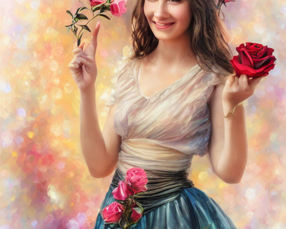 Smiling woman in pastel dress with floating roses on multicolored backdrop