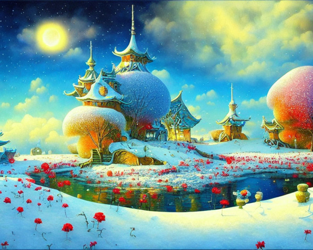 Winter Fantasy Scene: Red Flowers, Snowy Buildings, Moonlit Sky