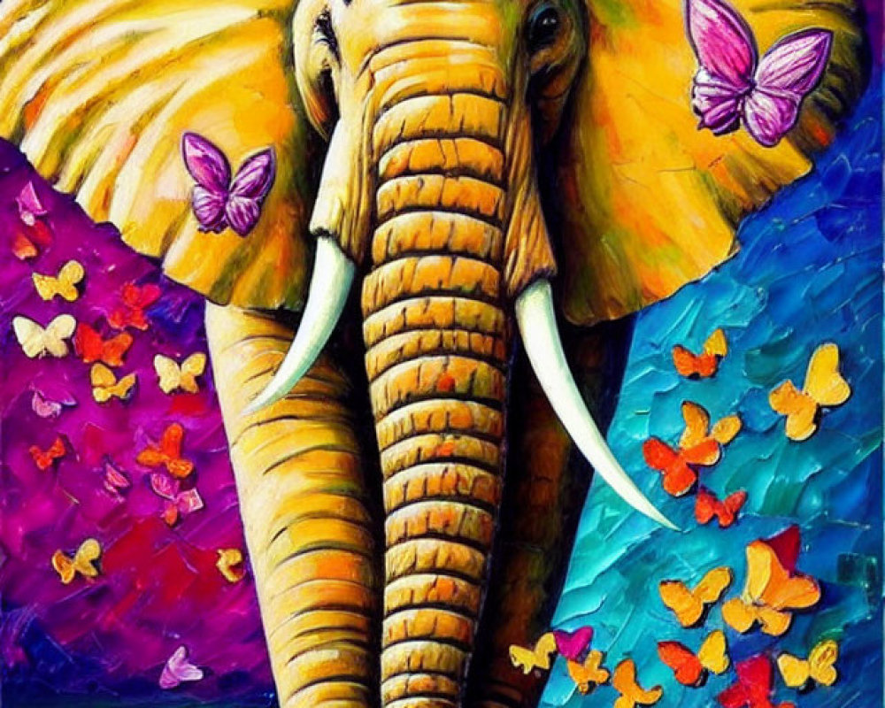 Vibrant elephant painting with raised trunk and butterflies in mosaic style