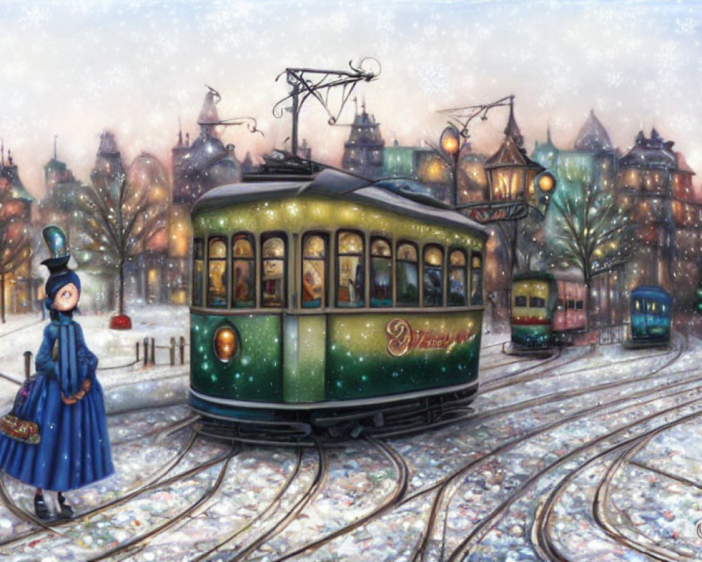 Illustrated winter scene with vintage trams, snow-covered tracks, and cozy houses