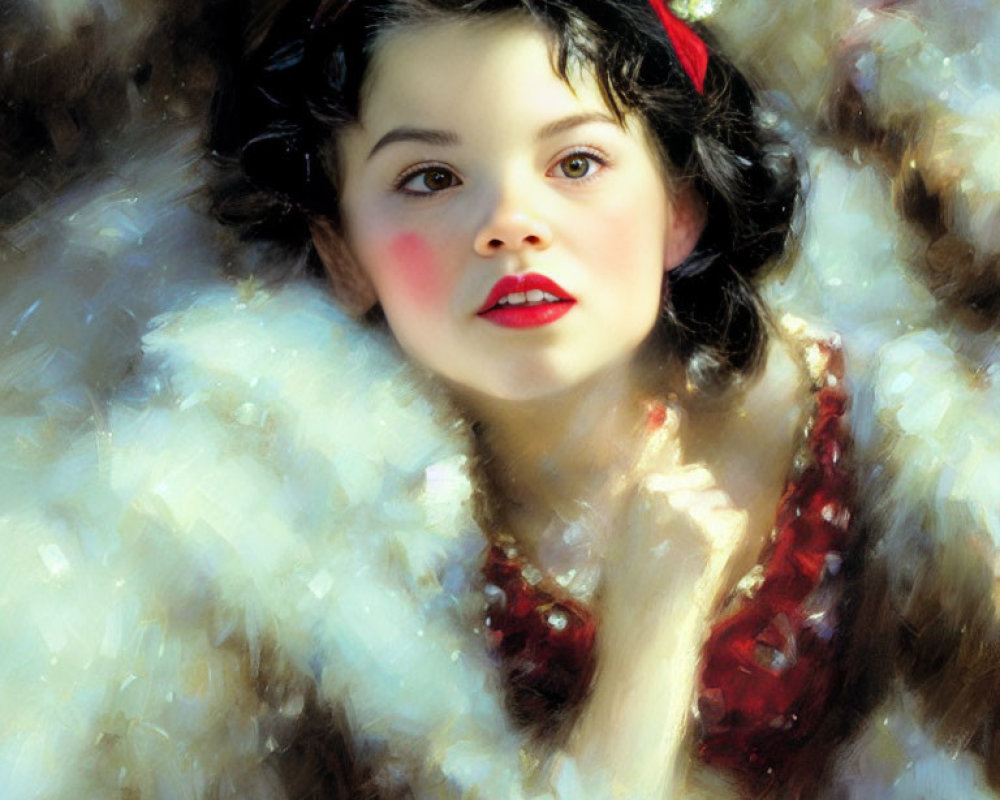 Portrait of young woman with red lips and headband in white garment gazing up