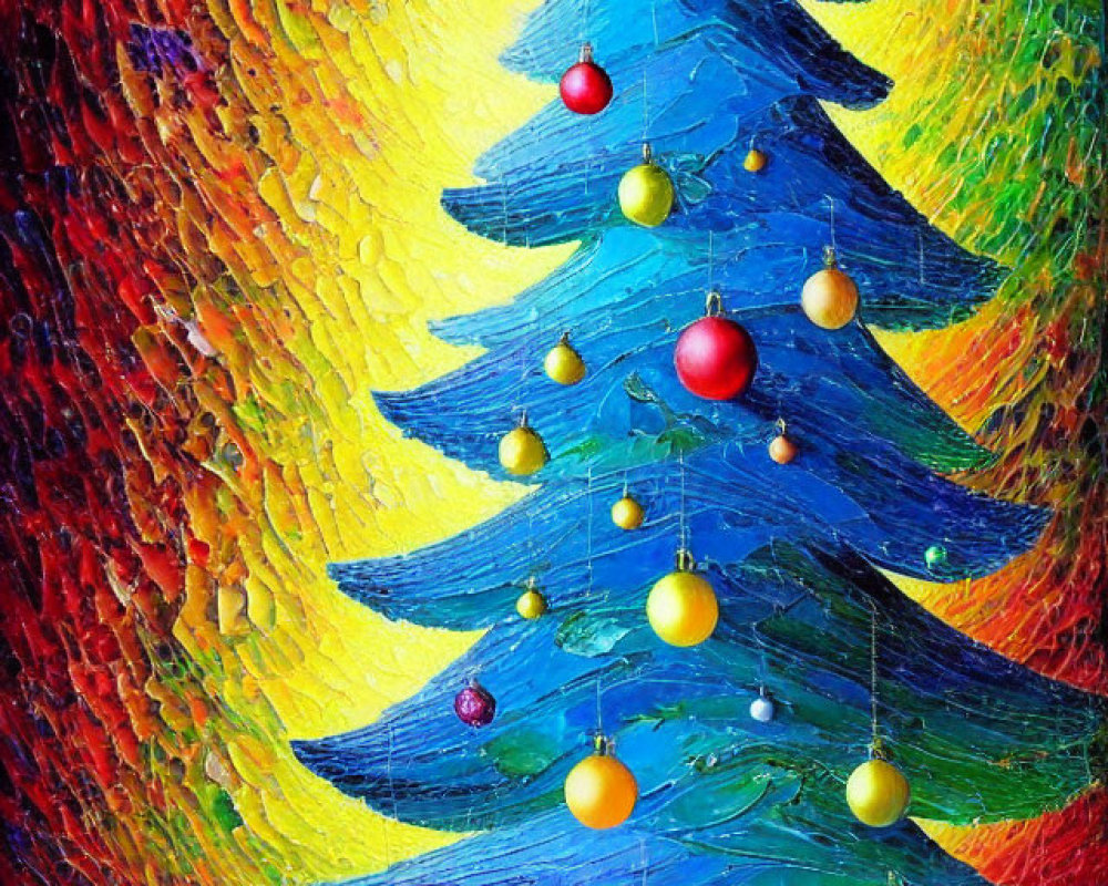 Colorful Christmas Tree Painting with Textured Ornaments on Swirling Background