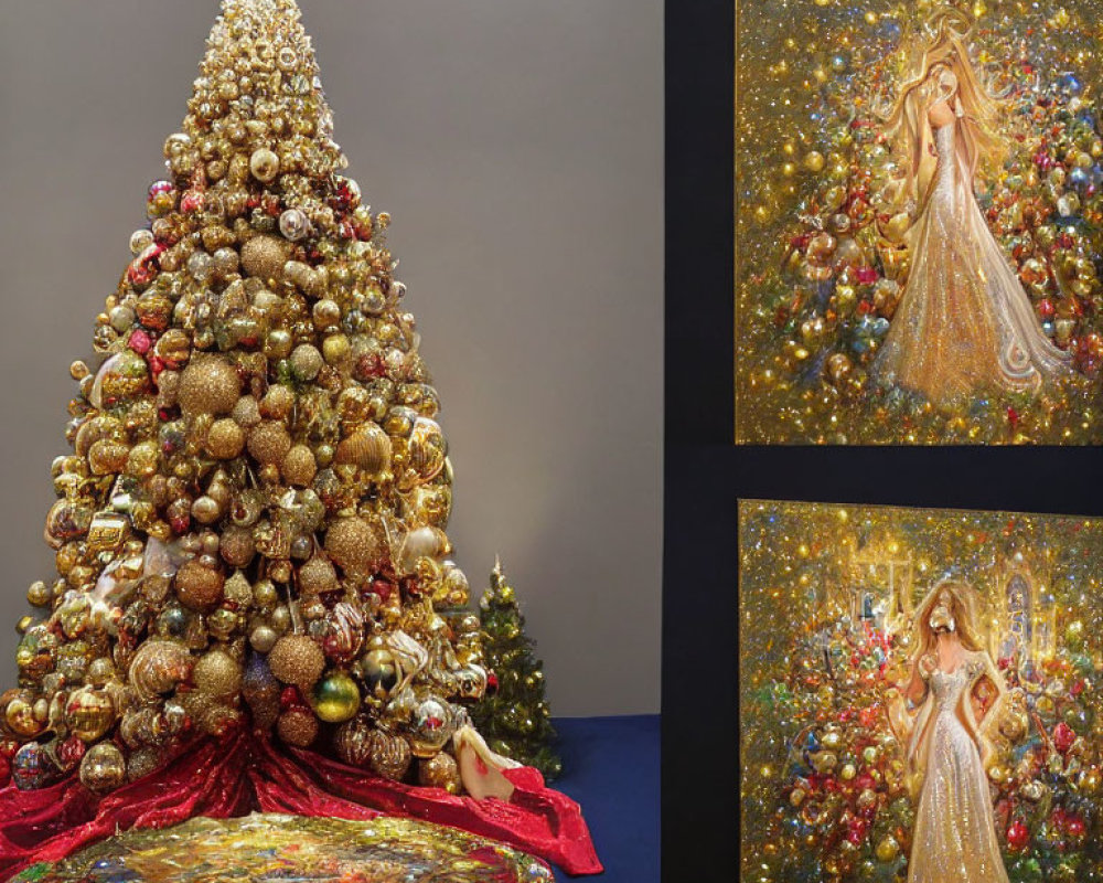 Golden Baubles and Angelic Figures Adorn Christmas Tree Scene