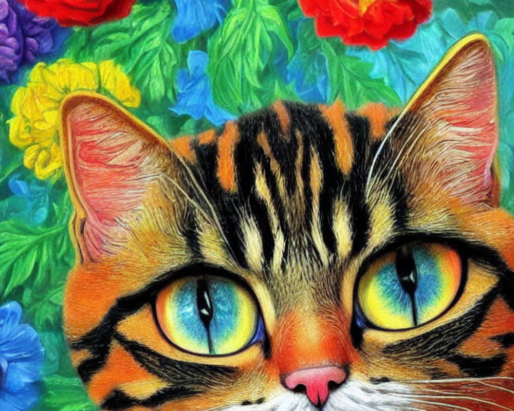 Colorful Cat Painting with Yellow Eyes and Floral Background