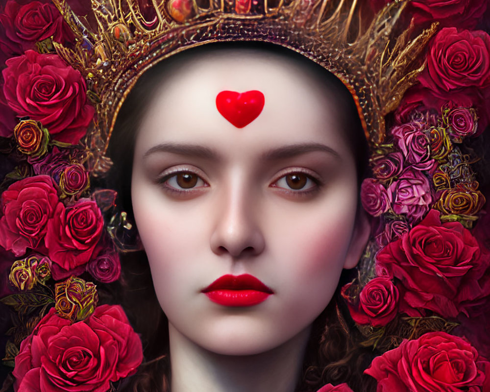 Woman with Crown of Thorns and Roses Surrounded by Red Roses