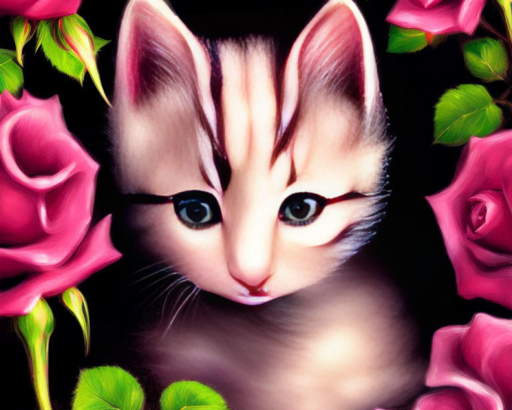 Whimsical kitten with expressive eyes and pink roses on dark background