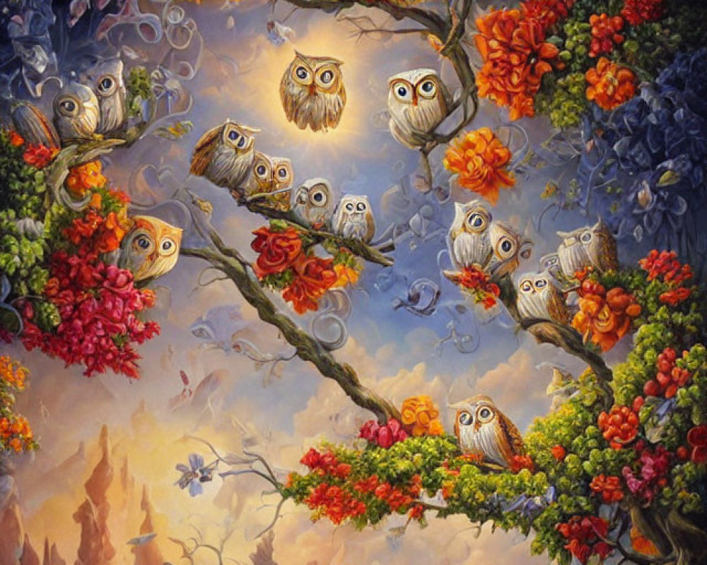 Vibrant fantasy artwork: whimsical owls, colorful flowers, misty landscape