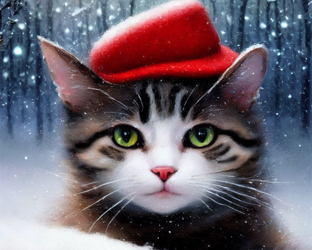 Tabby Cat with Green Eyes and Red Hat in Snowy Scene