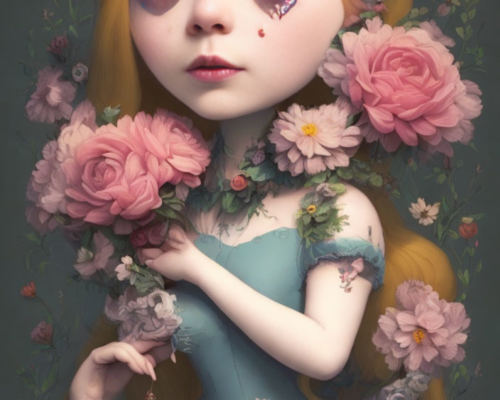 Stylized illustration of girl with expressive eyes and yellow hair among pink roses on green background