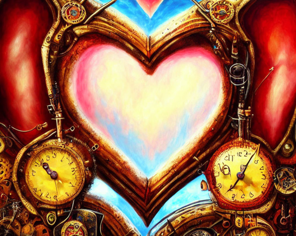 Colorful Heart-Shaped Clockwork Image with Gears and Floating Heart