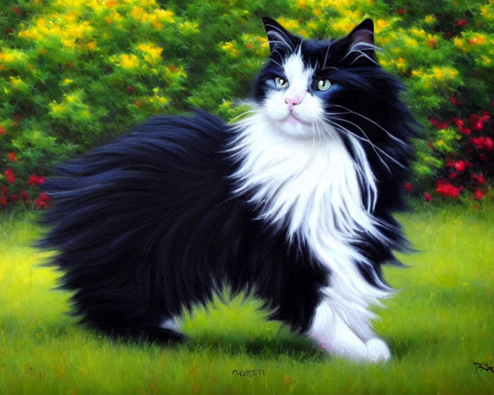 Long-Haired Black and White Cat in Field with Green Grass and Yellow Flowers