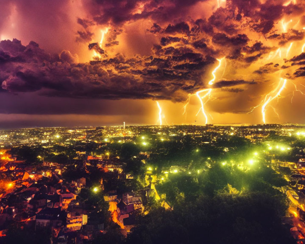 Dramatic night sky with lightning strikes over urban cityscape