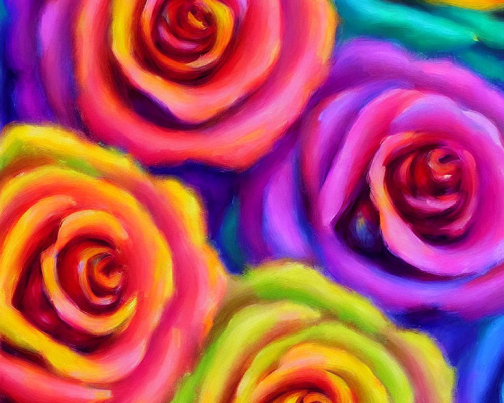 Colorful Abstract Painting of Swirling Roses in Yellow, Orange, Pink, and Purple on Blue Background