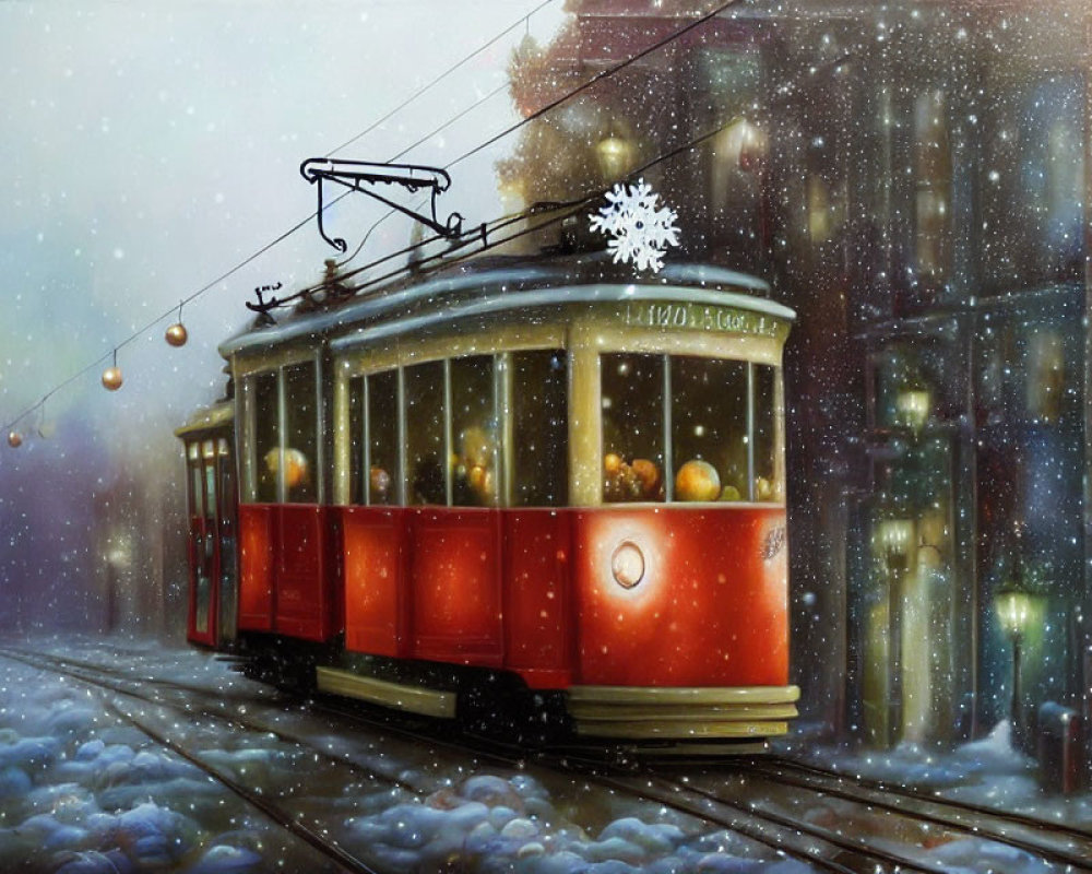 Vintage red tram on snow-covered tracks with glowing street lamps in wintery cityscape