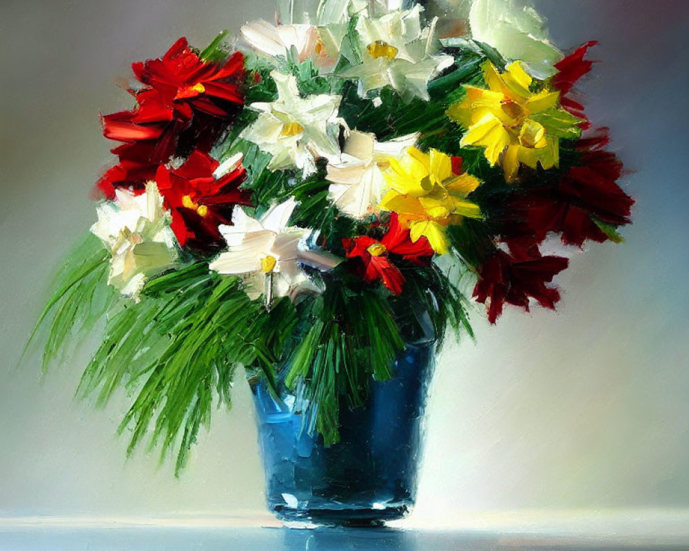 Colorful oil painting of red, white, and yellow flowers in blue vase