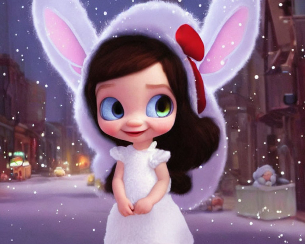 Animated girl in fluffy dress with bunny ears on snow-covered city street