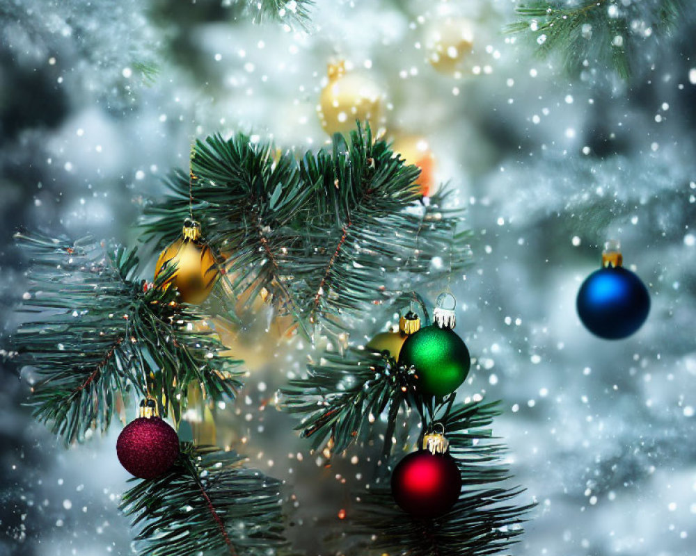 Colorful Ornaments on Festive Christmas Tree in Snowy Setting