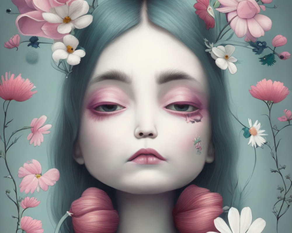 Surreal portrait of a girl with flowers in her hair and pink tresses