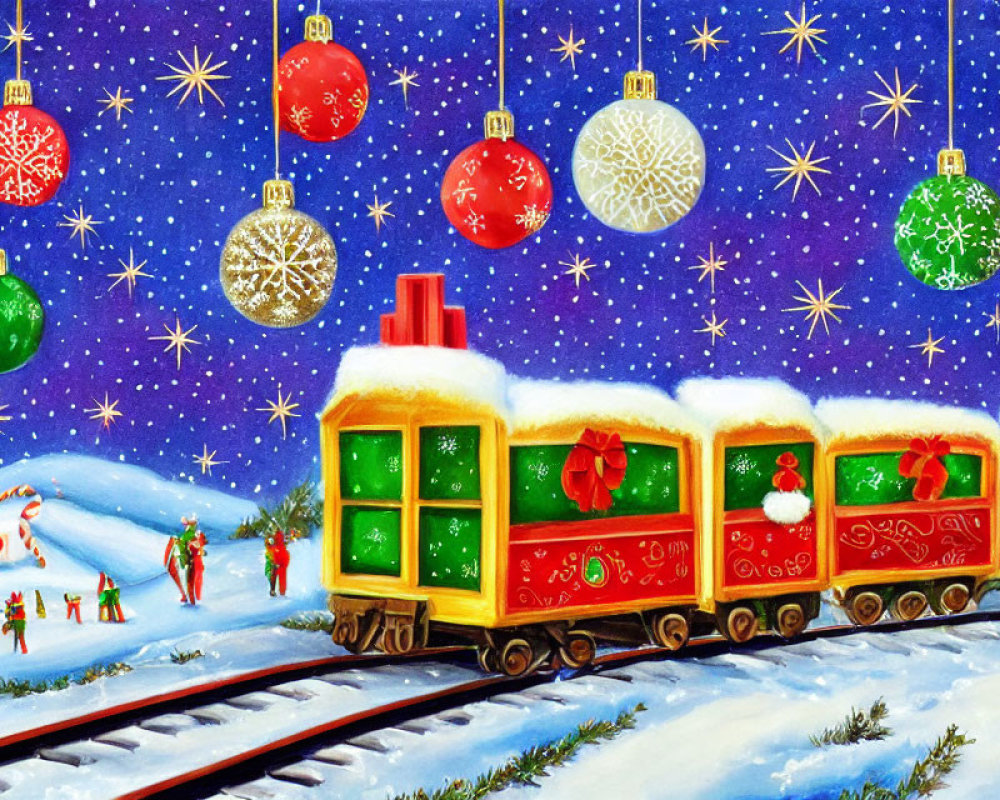 Vibrant Christmas train illustration with festive holiday scene