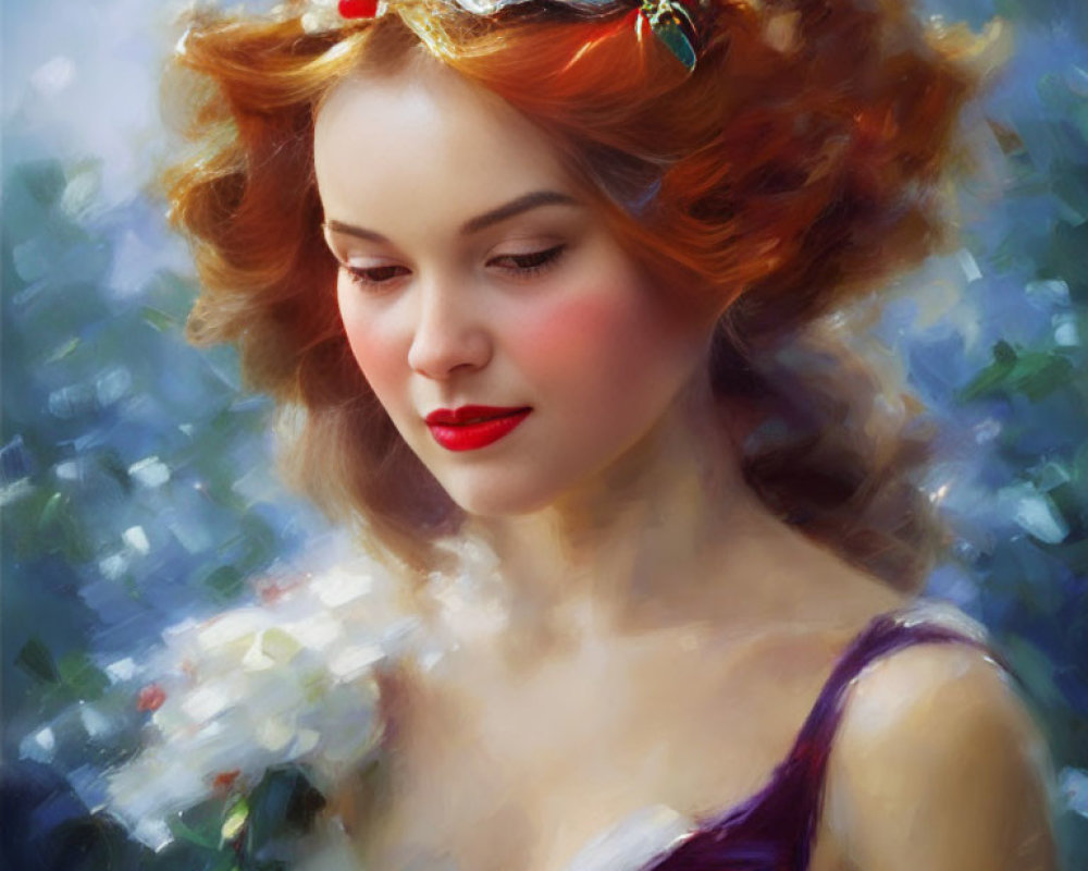 Red-haired woman with floral headband in soft painting style