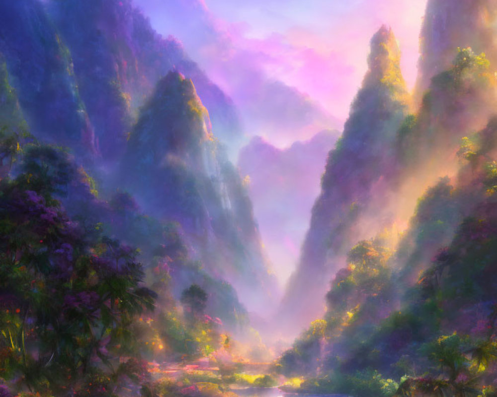 Mystical landscape with mountains, river, and pink flora